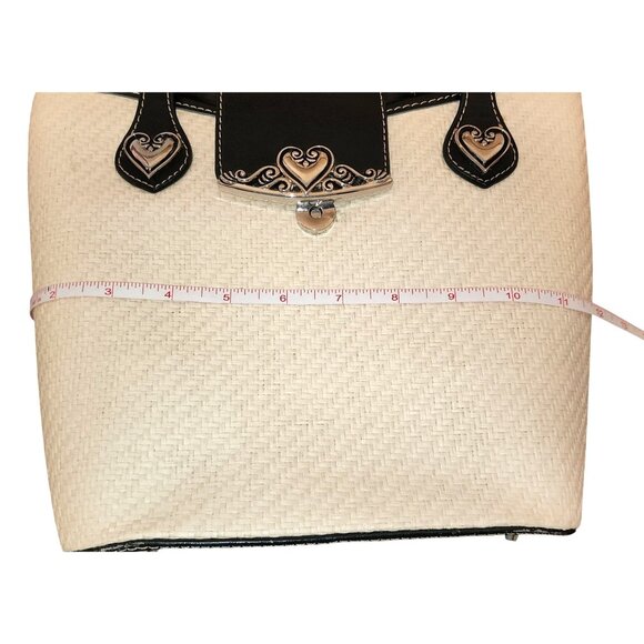 VTG Brighton Vintage Straw Tote Bag Black Leather Trim & Silver Heart Accents - Picture 6 of 8